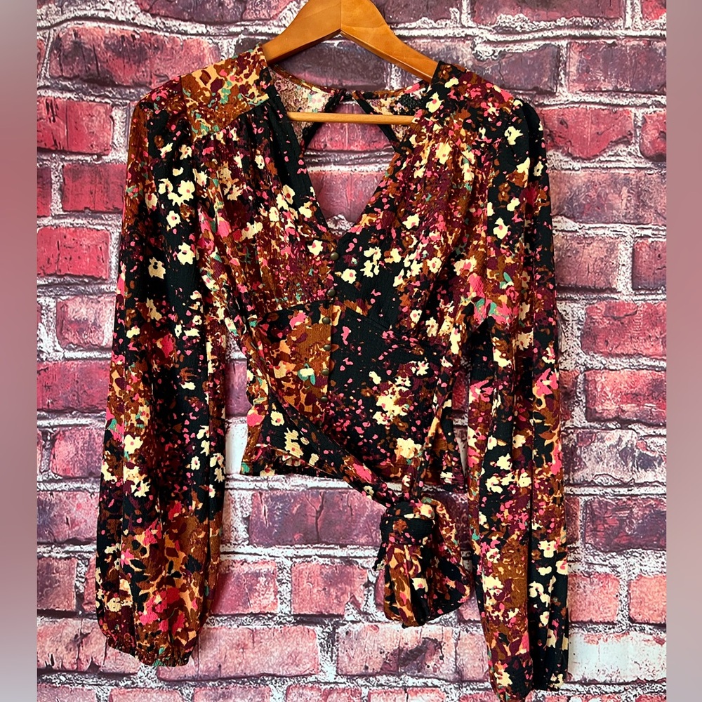 By Anthropologie Floral Balloon-Sleeve Open-Back Tie Blouse
